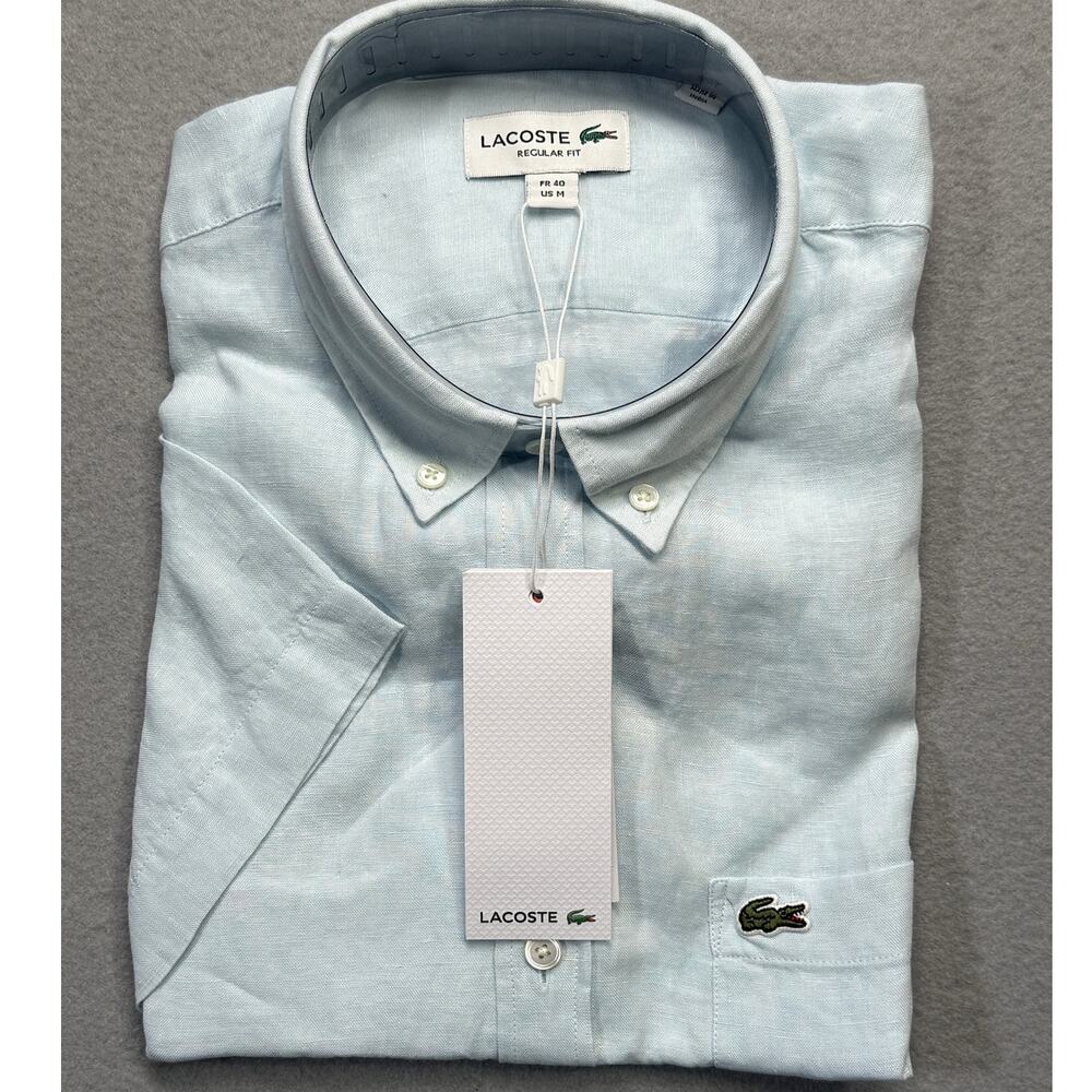 Lacoste Mens Regular Fit Linen Button up Shirt, Medium blue 40/M $130
